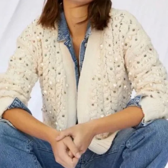 Anthropologie Maeve Cable Knit Cream Beaded Sweater Cardigan - Picture 3 of 6
